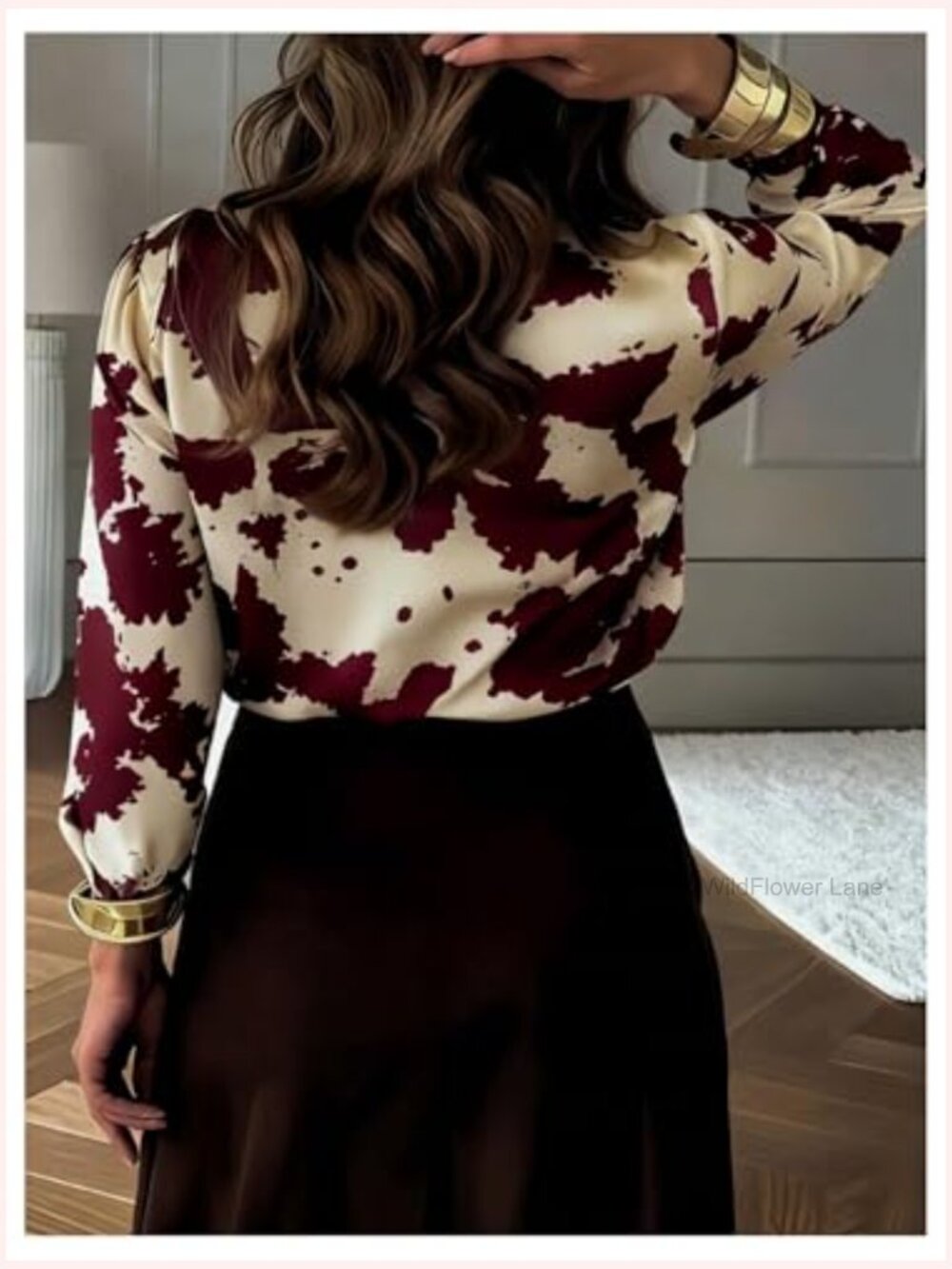 Cow Print Button Down Shirt Long Sleeve Collared Blouse Work Dressy Top - Picture 2 of 4